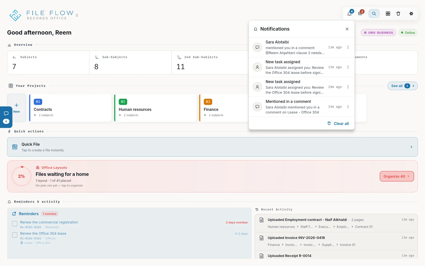 Notifications: a task assigned to you and a mention in a comment; each one opens what it is about.