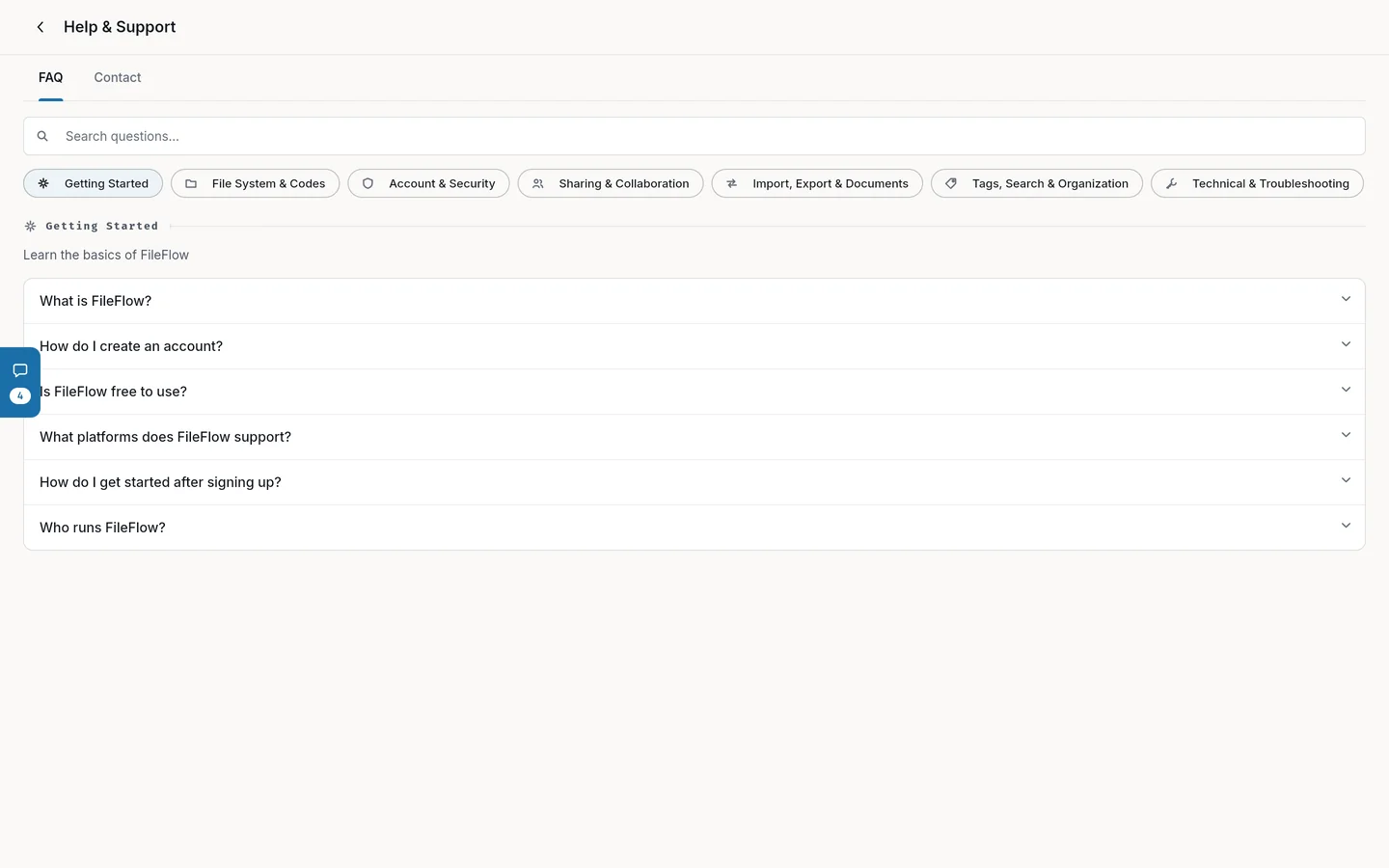 Help & Support: the FAQ with its search and categories, and the Contact tab.