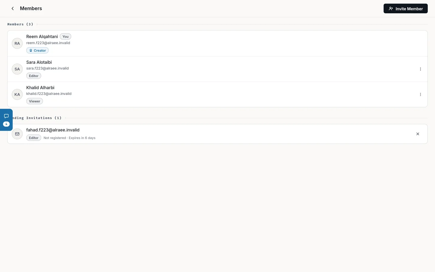 The Members page: each member with their role (Creator, Editor, Viewer), and pending invitations with the days they have left.
