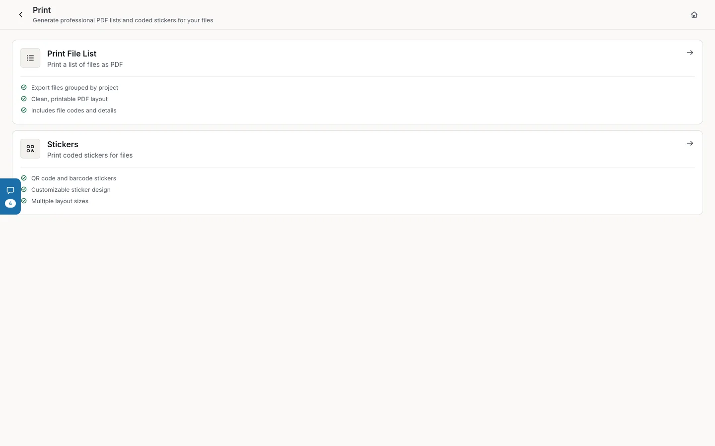 The Print page: a list of files as a PDF, and coded stickers for your files.