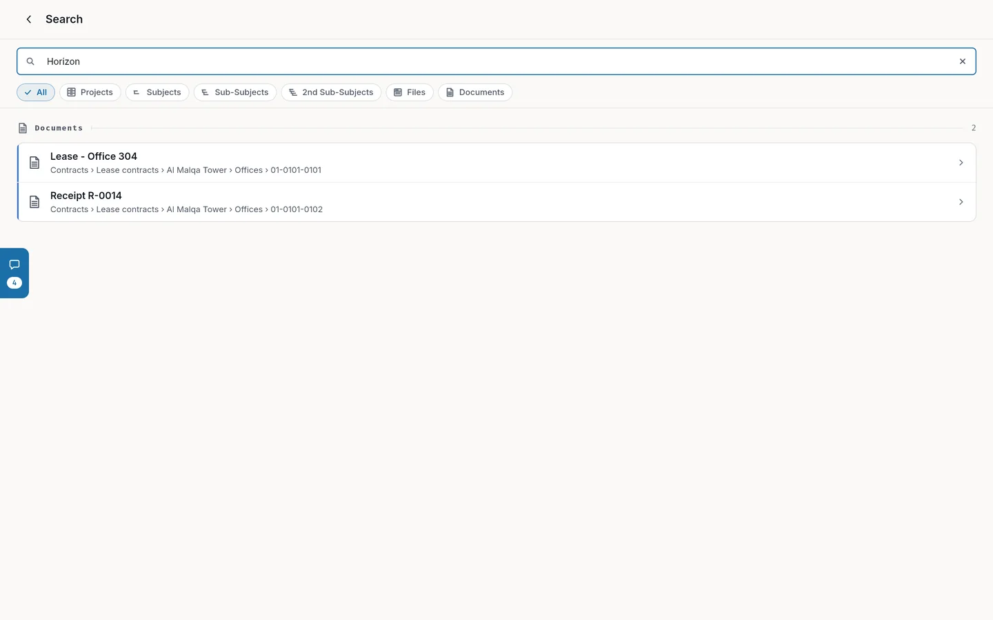 Searching for a word from inside a document’s text: results grouped by level, with filters at the top.