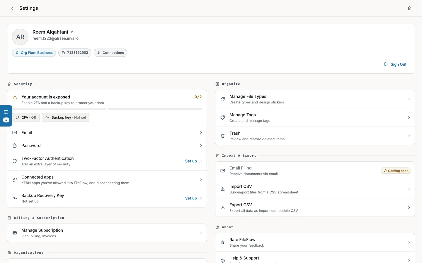 The Security group in Settings: your account’s protection score, email and password, two-factor authentication, connected apps and the recovery key.