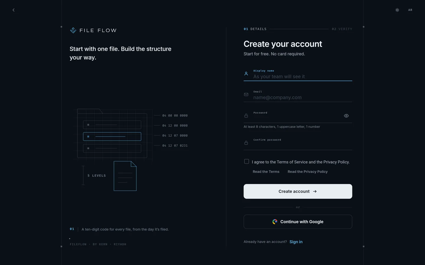 Creating an account: your name, email and password, the terms box, or continue with Google.