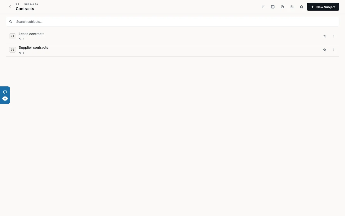 A project’s Subjects page: each subject’s number and name, with New Subject at the top.