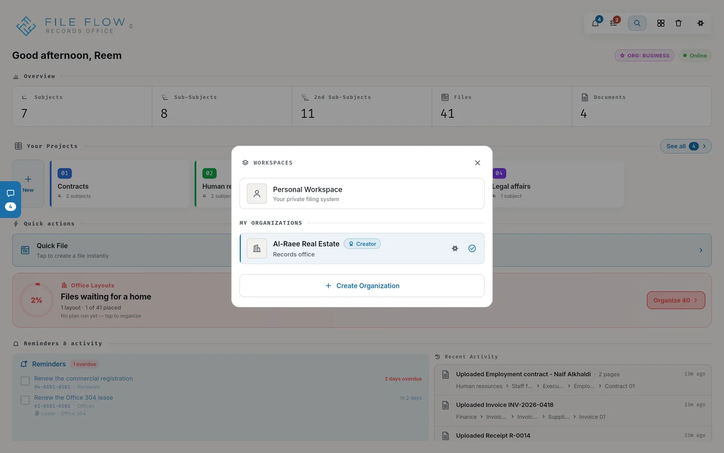 The Workspaces window: your personal workspace, your organizations with the Creator tag, and Create Organization.