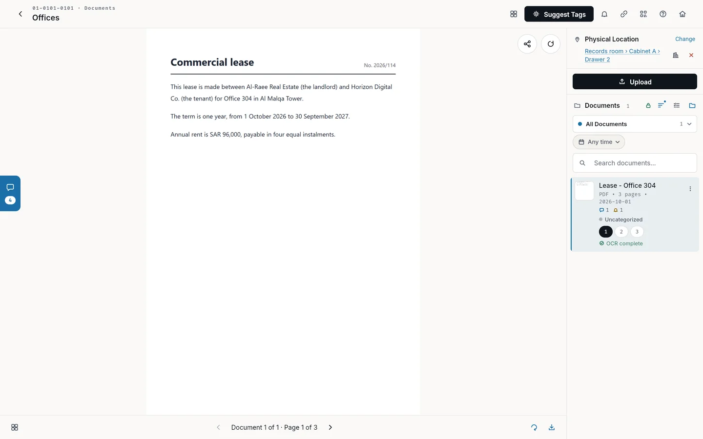 The file viewer: a three-page PDF is one document in the list, with its pages and its text status, and the first page beside it.